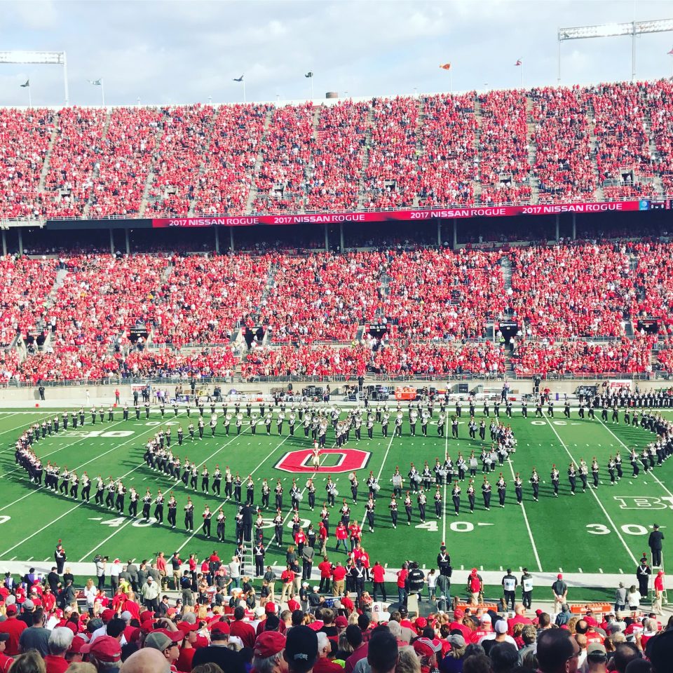 The Ohio State University Marching Band, also known as “The Best Damn Band in The Land” offers a salute to heart-health during the pre-game show.